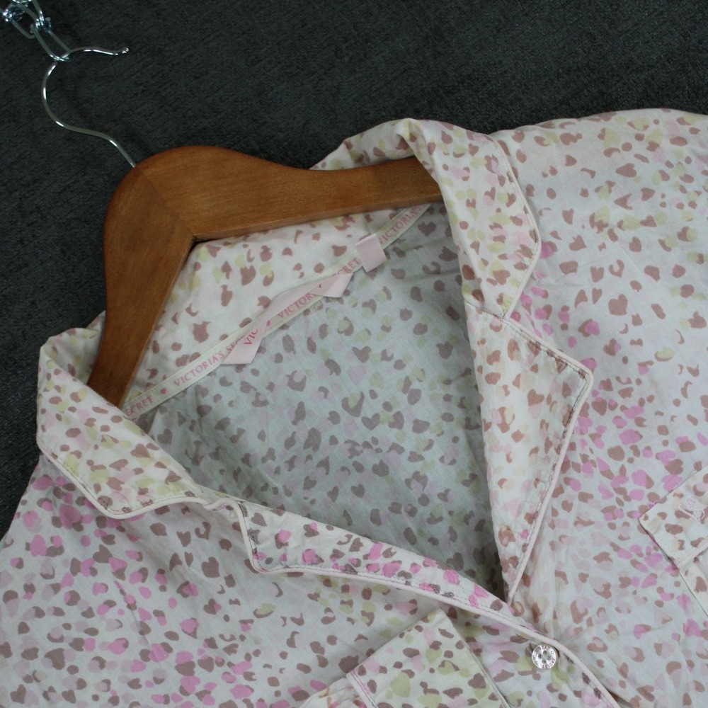 Victorias Secret Pajama Top Large Pink Tan Heart Print Cotton Button Up Shirt